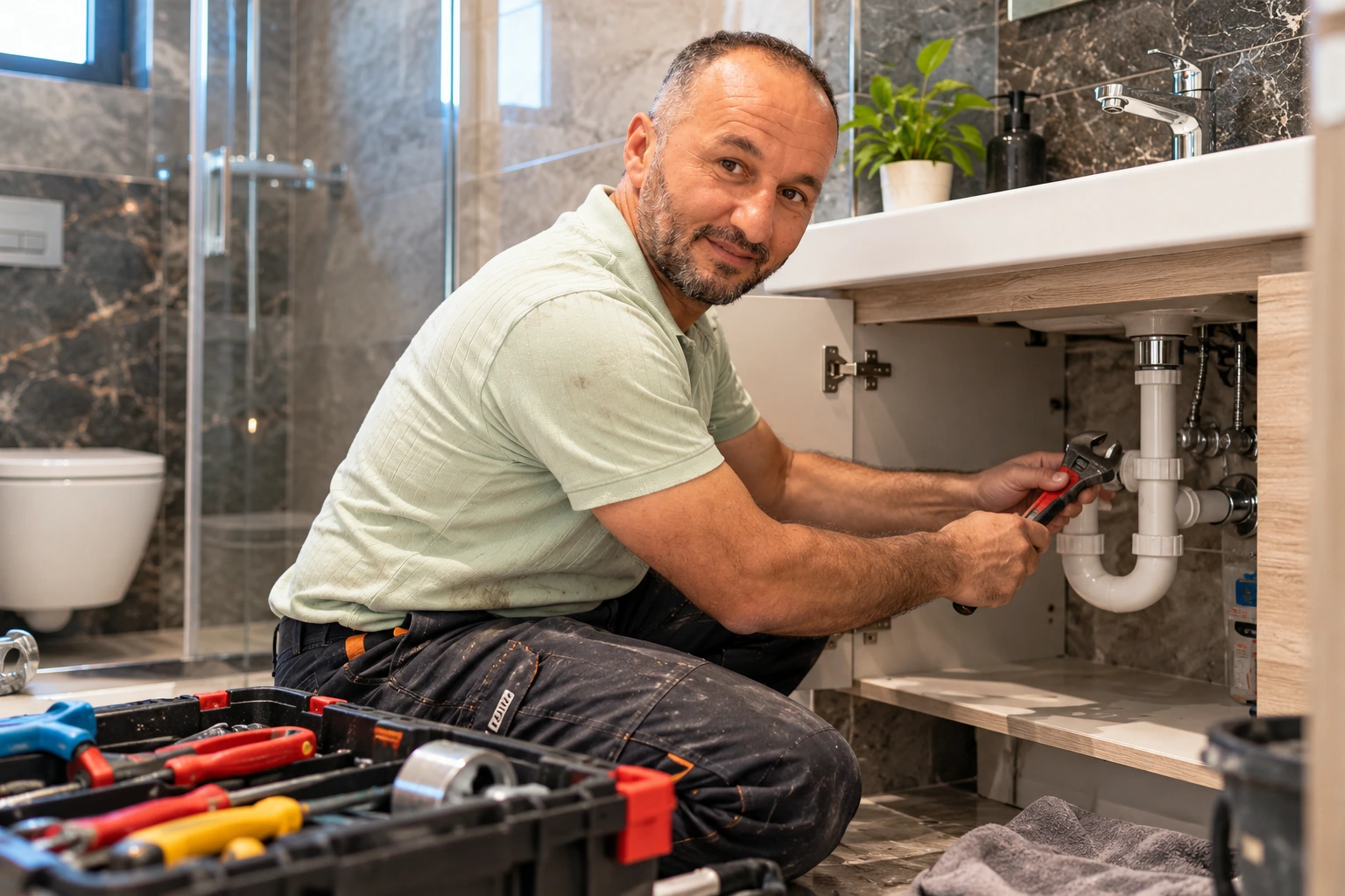 Recep Usta banyo lavabo dolabı altında sifon ve sıhhi tesisat boru tamiri yaparken