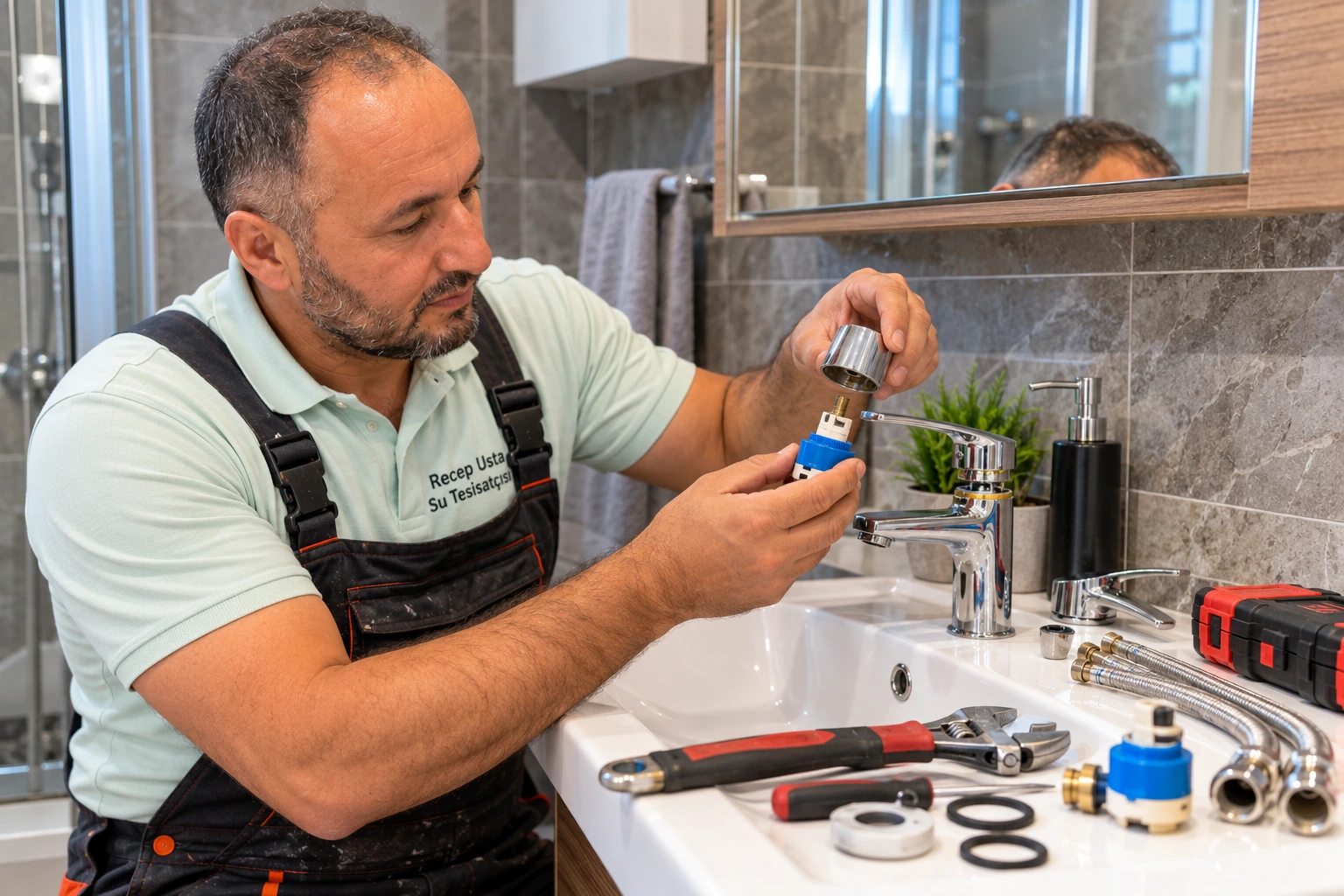 Recep Usta lavabo bataryasında seramik kartuş ve sızdırmazlık contası tamiri yaparken